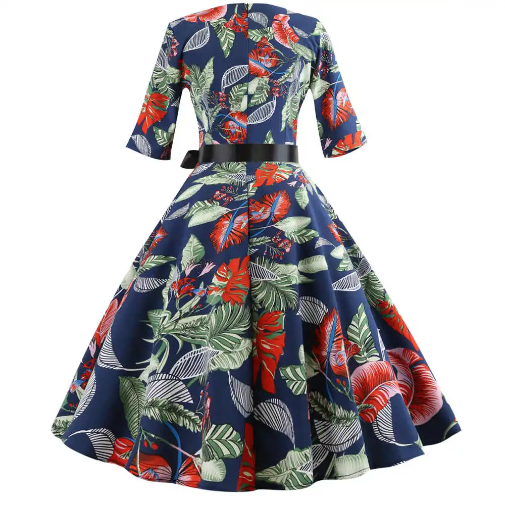 MIXINNI 50 s 60 s с цветочным принтом осень Винтаж платье тонкая талия vestidos mujer Для женщин элегантное праздничное платье