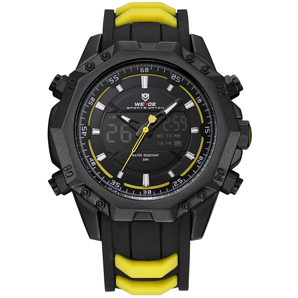 WEIDE 6406 мужские повседневные часы лучший бренд класса люкс будильник водостойкие спортивные наручные часы Аналоговые цифровой автоматический LCD человек - Цвет: Цвет: желтый