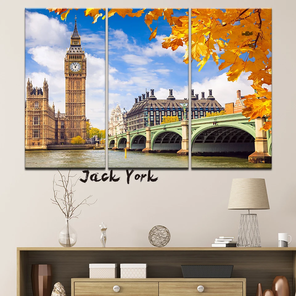 Картина на холсте осенний Лондонский пейзаж 3 шт. Настенная картина модульные