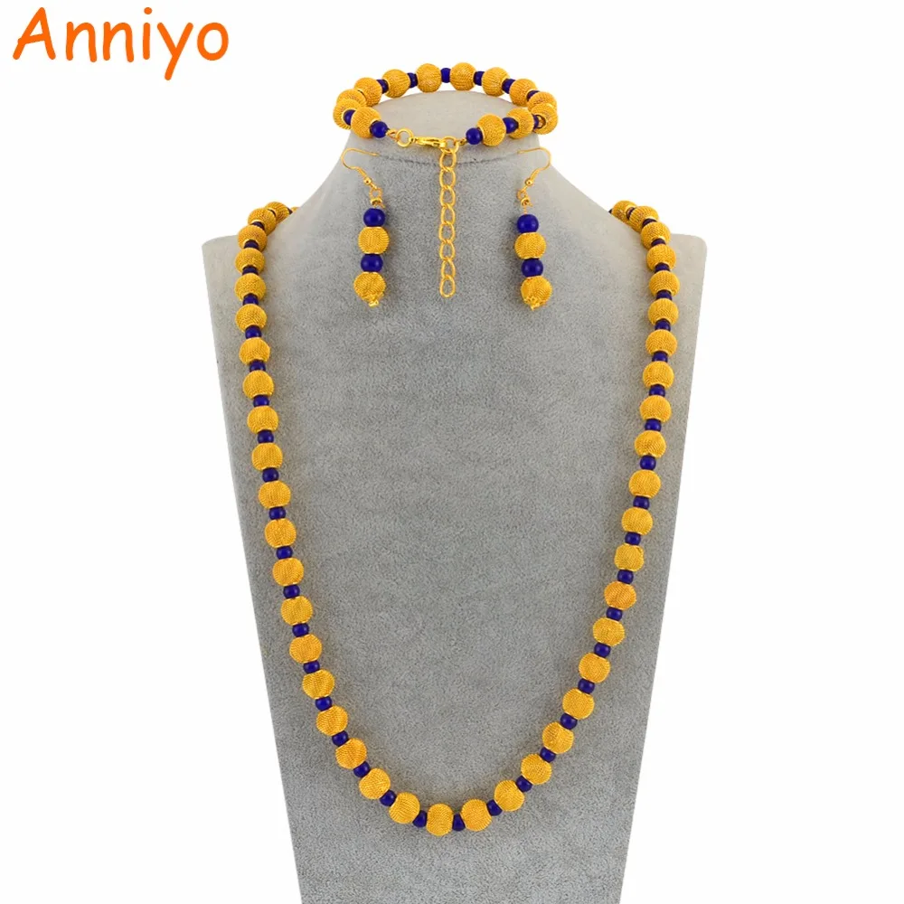 

Anniyo 77cm Beads Necklace and 23cm Ball Bracelets Earrings for Women African Gold Color Rosary Beads Jewelry Party sets #124806