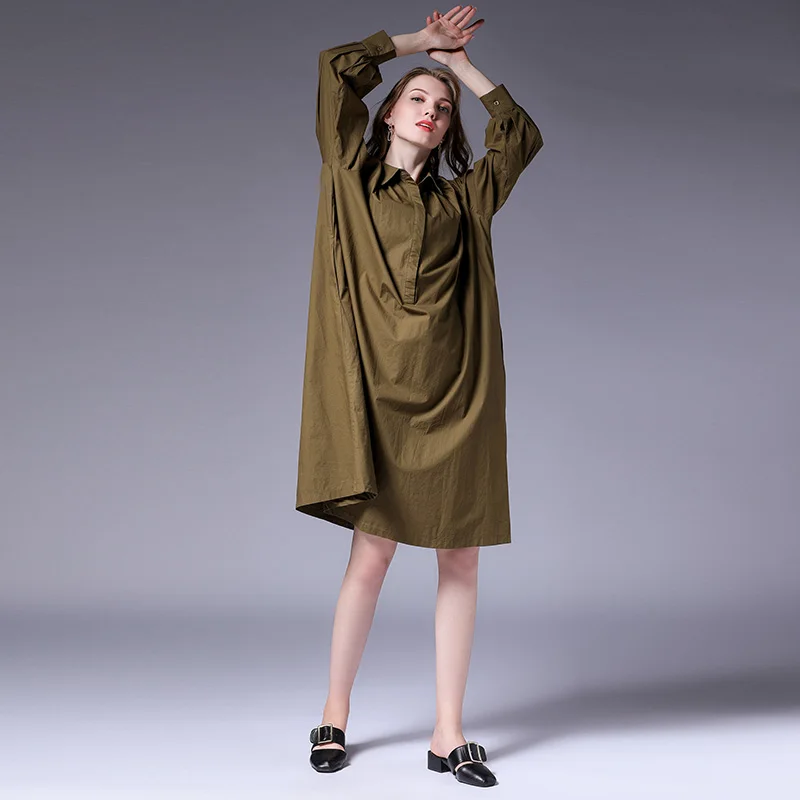 Женское Хлопковое платье до колена черное белое армейское зеленое с поясом