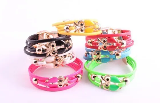 Free shipping deri bilezik hot sale summer simple design girl's jewelry sweet colors fashion alloy owl pendants bracelet pu | Украшения