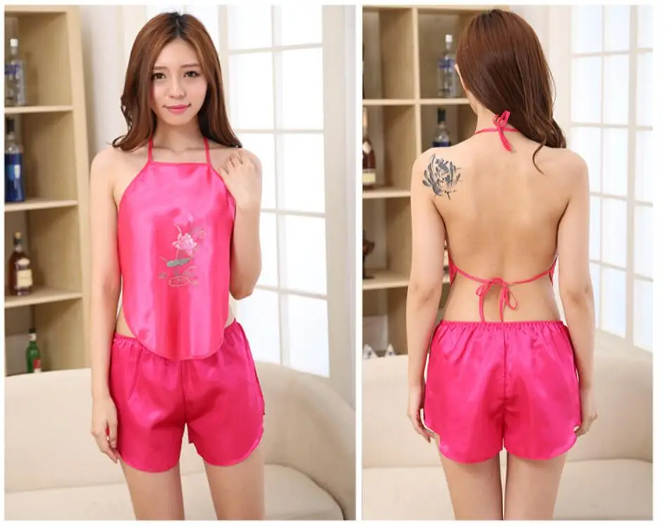 Женское нижнее белье в китайском стиле с бретелькой на шее, топ, ночное белье с вышивкой, сексуальные трусы, шорты под брюки - Цвет: Фуксия