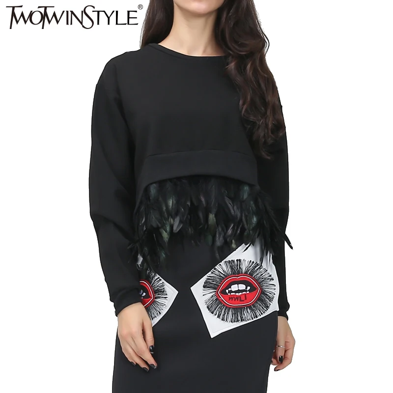 [TWOTWINSTYLE] Осенняя удлиненная футболка оверсайз с длинными рукавами и перьями