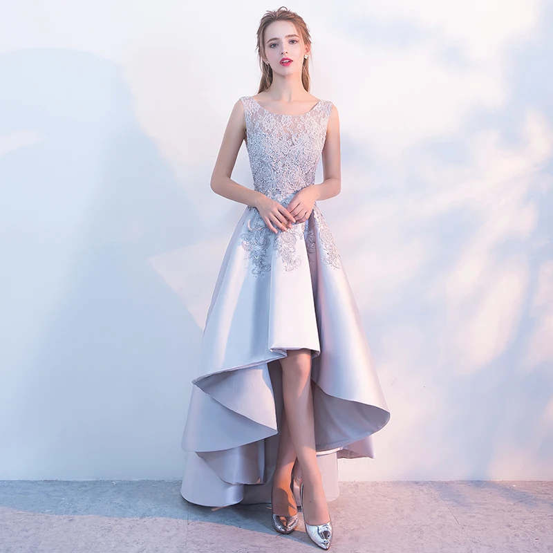 SSYFashion Новое банкетное элегантное серое Атласное Вечернее Платье Высокое/низкое короткое спереди длинное сзади кружевные аппликации Формальные Вечерние платья на заказ - Цвет: Серый