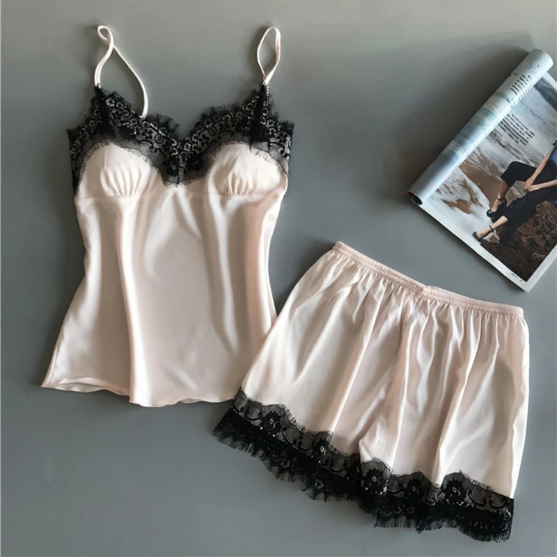

2019 Sexy Ladies Lace Pajama Sets Stitching Strap Pajamas + Boxer Shorts Lace Sexy Women Pajamas hot sale