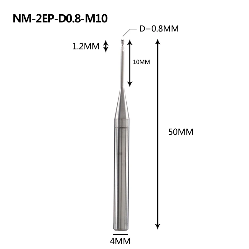 NM-2EP Вольфрамовая сталь 2 Флейта квадратная длинная шея с покрытием Концевая фреза Фрезерный резак режущие инструменты для меди и алюминиевого сплава - Длина режущей кромки: NM-2EP-D0.8-M10