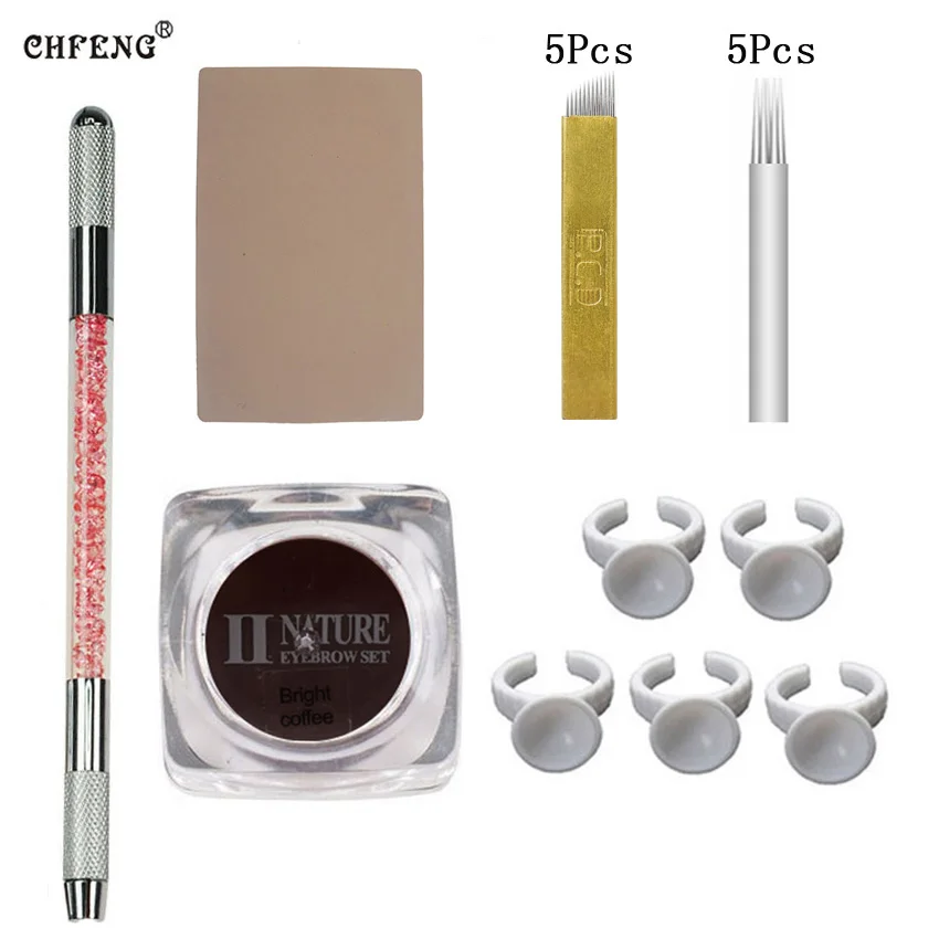 

Permanent Makeup Tattoo Kit Manual Pen Two Head Eyebrow Lip Eyeliner Microblading Supply Tattoo Ink Cup Pigment Practice Skin