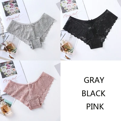 gray black powder JERRINUT 3 шт. кружевные прозрачные трусики женские сексуальные трусики брифы высокое качество хлопок низкая талия Бесшовные трусики нижнее белье для женщин - Цвет: gray black powder