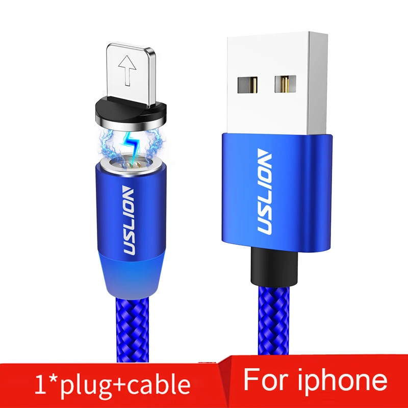 Blue For iphone USLION, магнитное зарядное устройство, быстрая зарядка, магнит, USB, микро кабель, 3А, Тип C, кабель type-C, светодиодный, в нейлоновой оплетке, для Iphone 7, XS, XR, samsung - Цвет: Blue For iphone