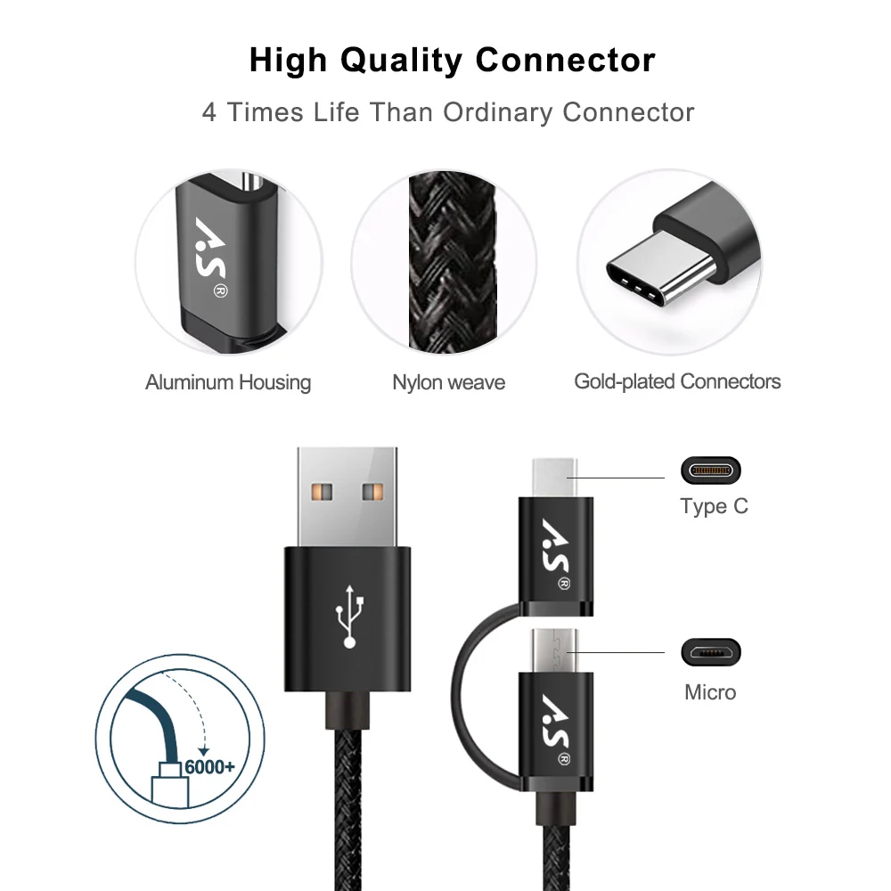 A.S USB Type C Micro 2 в 1 кабель для быстрой зарядки Xiaomi Huawei Samsung Nokia Sony Oukitel кабели