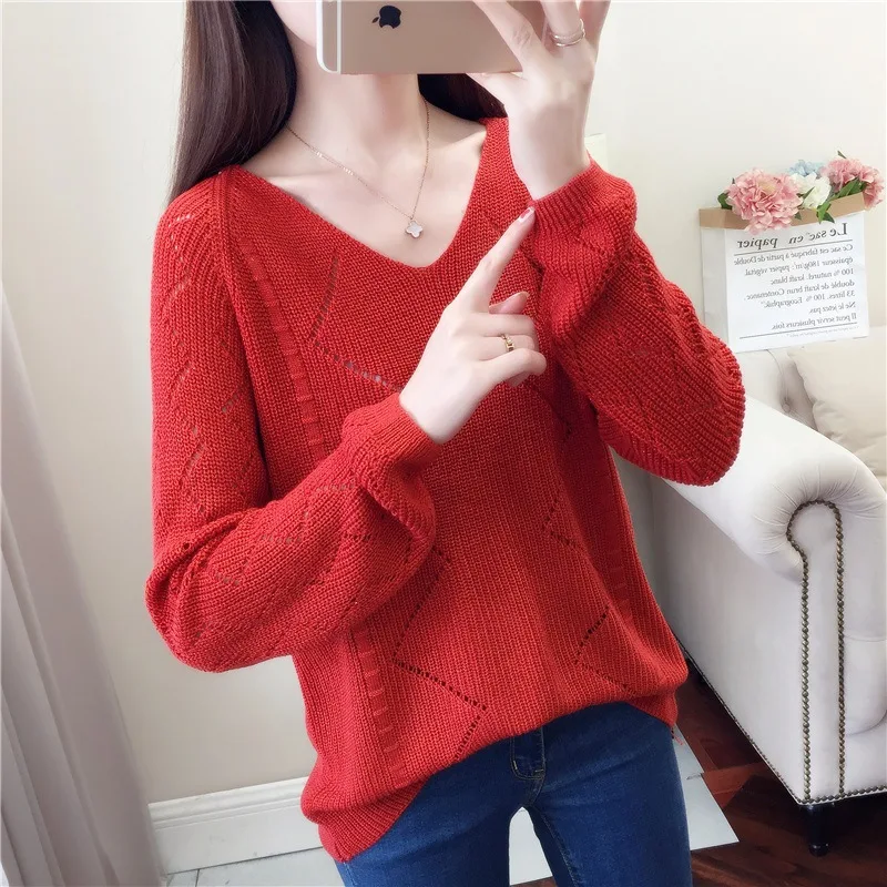 Casual Kintted Sweater Women Sexy V-Neck Long Sleeve Pullovers Thin Hollow Out Geometric Warm Tops 2019 Autumn Women's Sweaters | Женская