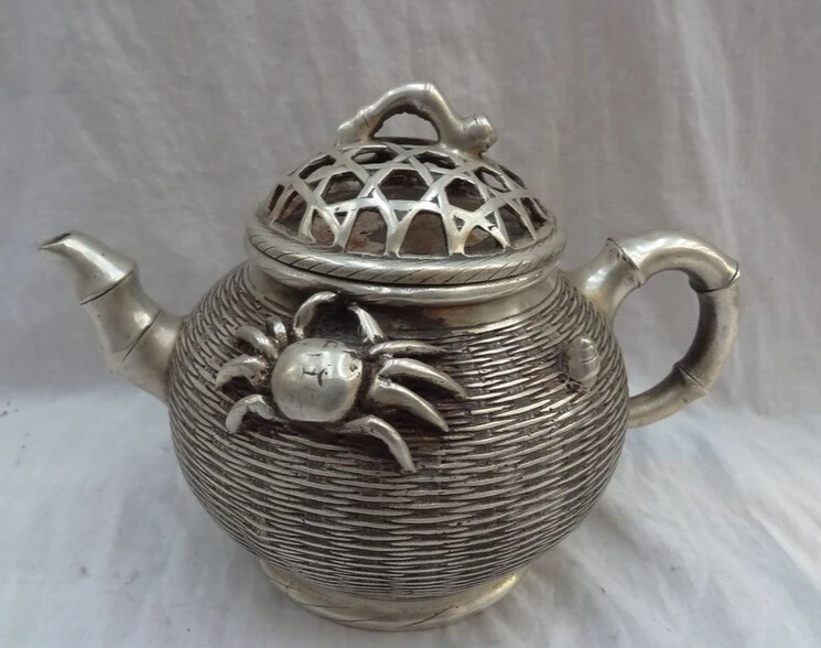 JP S0608 10" Chinese Silver Crab Statue Auspicious Symbol Bronze Bamboo Teapot Wine Pot Discount 35% | Дом и сад