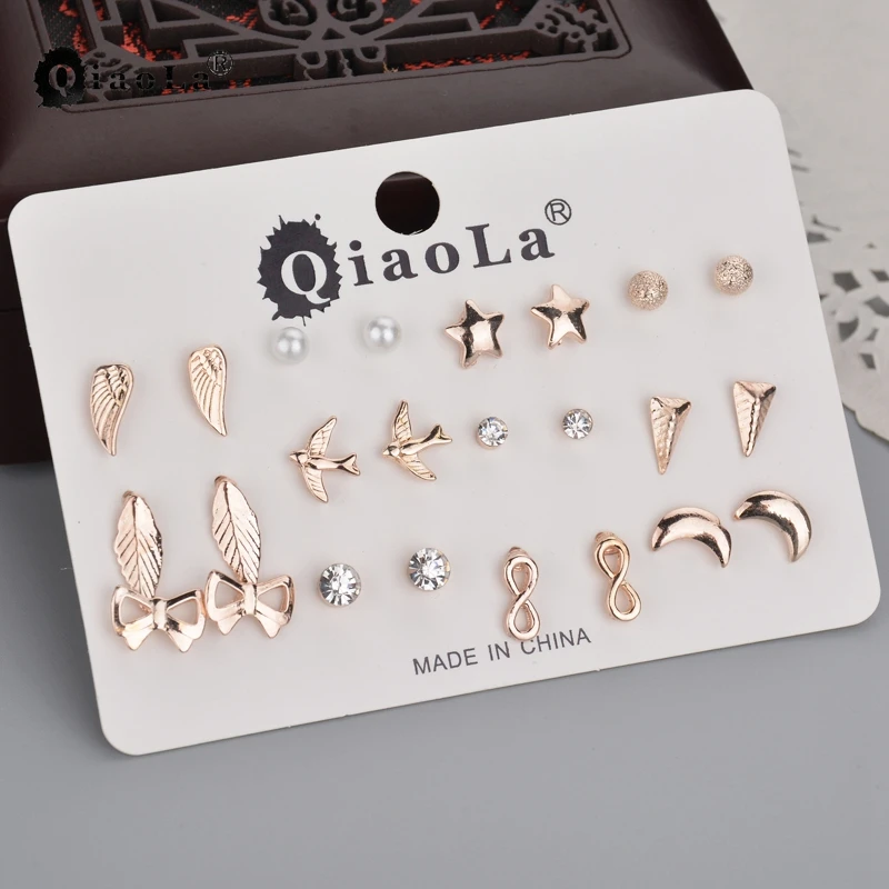 Милый Кот Сова Серьги Наборы 12 Пар Комплект Звезда Луна Сплава хрустальный