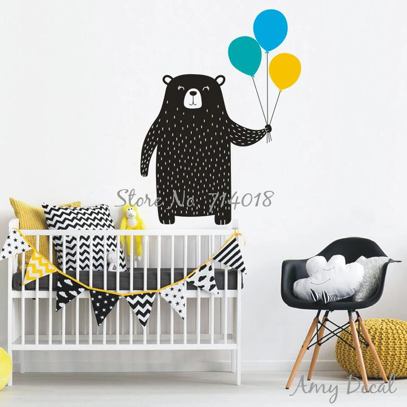 Милый медведь с воздушными шарами настенный стикер лесной животные виниловая