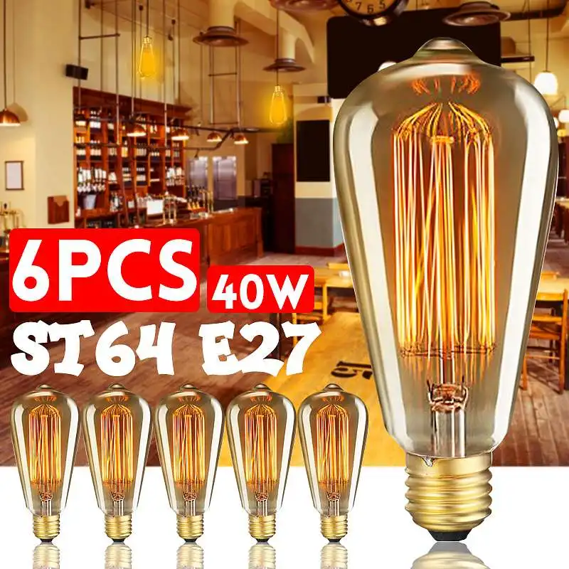 6 шт./кор. ST64 E27 светодиодный 40W светодиоидная лампа с регулируемой яркостью лампы Эдисона античный Винтаж лампа накаливания светильник 2200K AC220V