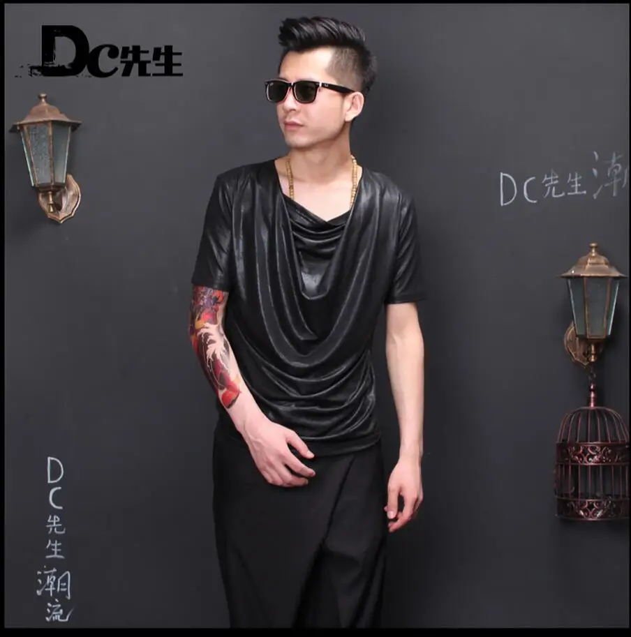 

Hot ! Korean Men Slim Short-sleeved Shirt Nightclub Stage Hairstylist Nightclub Tooling Tide Fold T-shirt Singer Costumes Tops