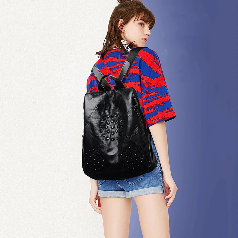 

DECRJI Rivet Female Backpack Bag Genuine Leather Backpack Women Brand 2020 Rucksack School Bags For Teenage Girls Black Zipper