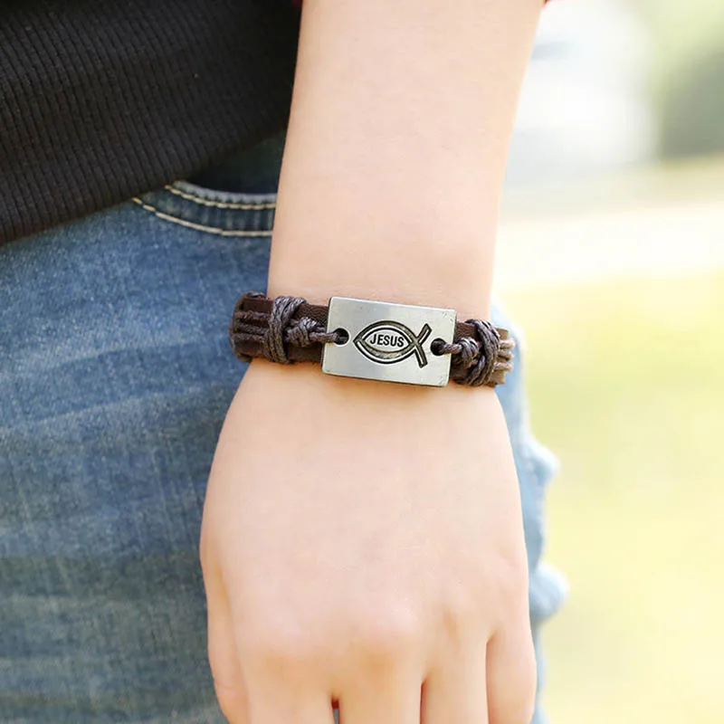 Винтаж натуральная кожа Иисуса браслет с рыбой христианские браслеты Ichthys