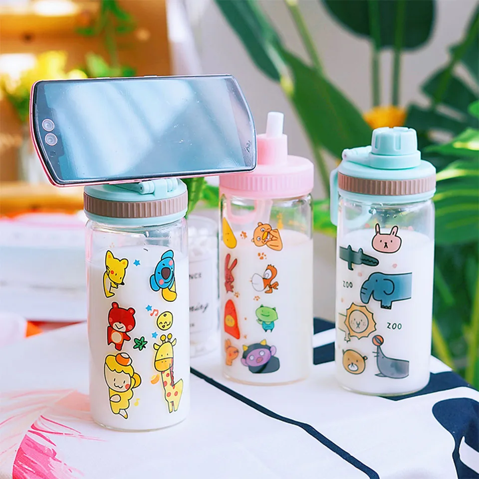 Transhome Милая стеклянная бутылка для воды с соломенной бутылкой 500 мл креативный
