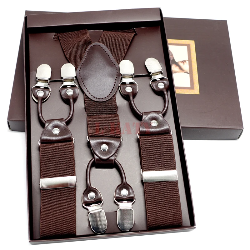 Мужские подтяжки темно коричневый кожаный ремень 6 зажимов брюки в ковбойском
