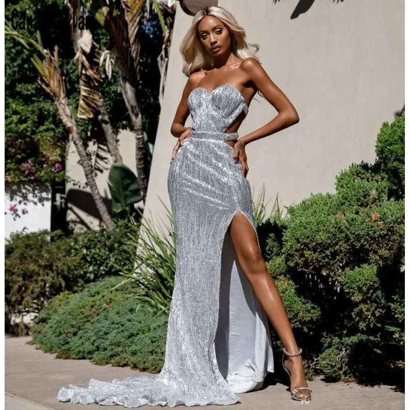 

Sexy Silver Sequined Prom Dresses 2019 Backless Mermaid Formal Party Dress Evening Wear Slit Pageant Gowns vestidos de fiesta