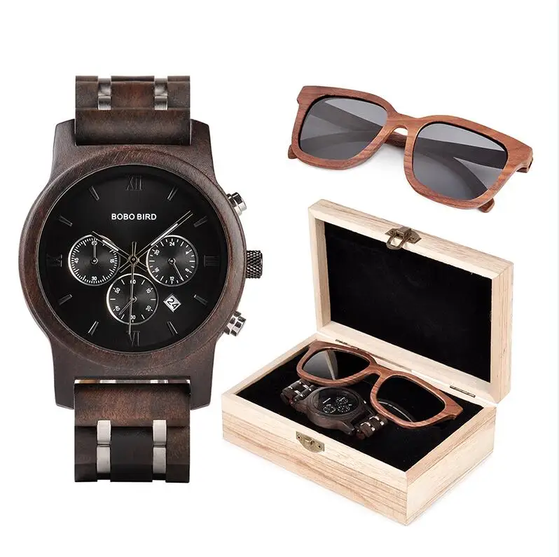watch and sunglasses Деревянные часы BOBO BIRD, мужские солнцезащитные очки в подарочной коробке, кварцевые наручные часы, мужские часы с секундомером saat erkek - Цвет: watch and sunglasses