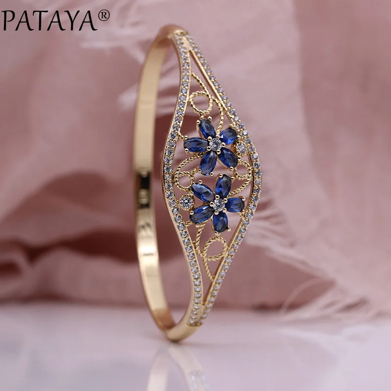PATAYA, новинка, Овальный лепесток, роскошный женский браслет, Свадебный, тонкий, браслет с отверстиями, 585, розовое золото, темно-синий, натуральный циркон, милые, модные ювелирные изделия
