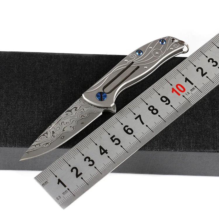 Маленький складной мини нож Freewolf с брелком из дамасской стали TC4 титановая ручка