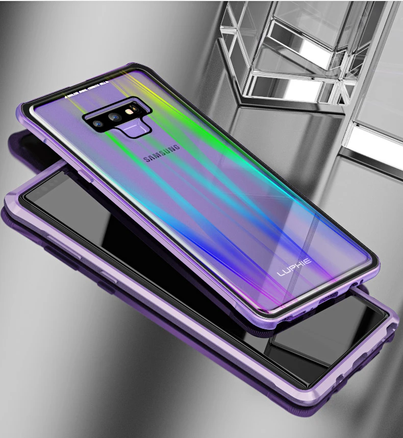 LUPHIE для samsung примечание 9 чехол Роскошные Жесткий магнитного металла Алюминий сплав прозрачный Стекло противоударный Броня чехол для телефона 6,4