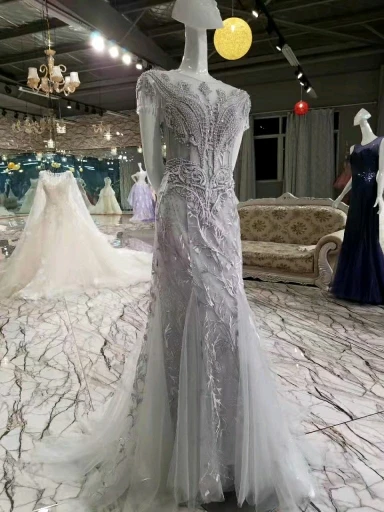 Вечернее платье с высоким воротом AOLANES серое Тюлевое рукавом-крылышком и