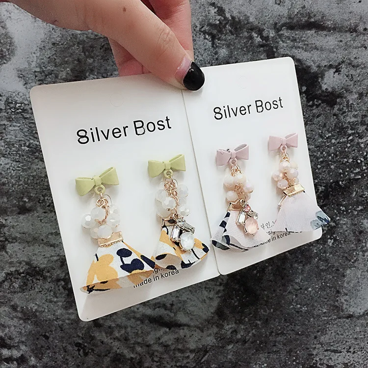Корейские тканевые кружевные милые серьги с бантом женские Милые шифоновые