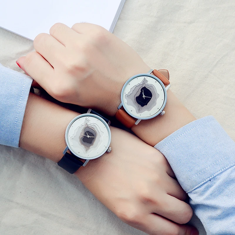 3D циферблат лица унисекс часы женские повседневные наручные винтажный кожанный