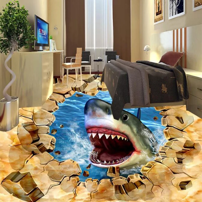 Пользовательские 3D Пол настенной бумаги стерео Акула гостиной базар ПВХ самоклеющиеся водонепроницаемый мультфильм пол наклейка 3D обои
