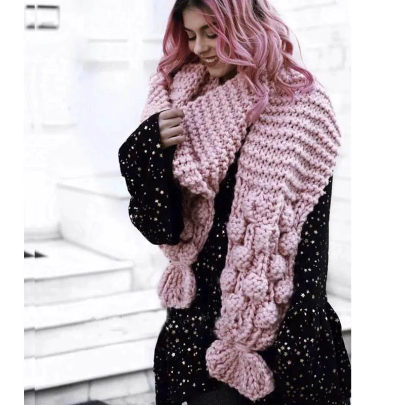 

Luxury Hand Knitted Scarf 3D Woven Balls Wraps XL Coarse Wool Shawls Woman Flowers Crocheted Scarves 2018 New Arrival