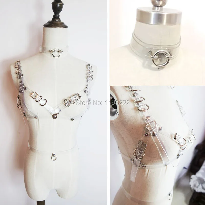 Handmade Choker Bra Women Harness, Clear Transparent Vinyl Bra Frame Body Caged Waist Belt