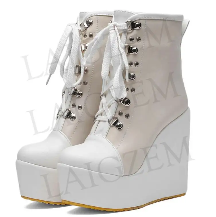 LGZ99 Beige LAIGZEM МОДНЫЕ Ёенщины ботильоны платформы клин сапоги высота увеличение Waterpoof пинетки высокие ботинки на каблуках женщин ботильоны обувь женская сапоги женские ботильоны женские малый размер 33-43 - Цвет: LGZ99 Beige