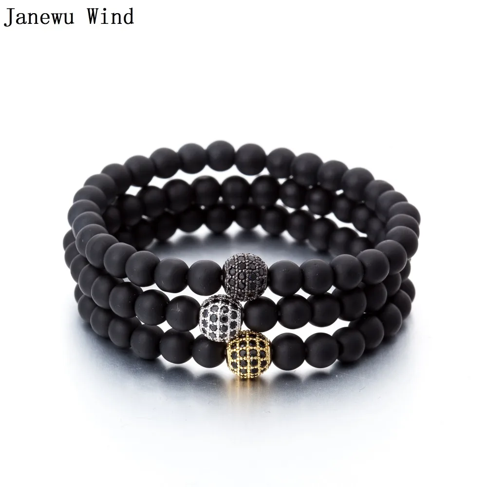 Janewu Wind 3 шт./компл. 6 мм черный камень бусины 8 CZ мяч эластичный браслет