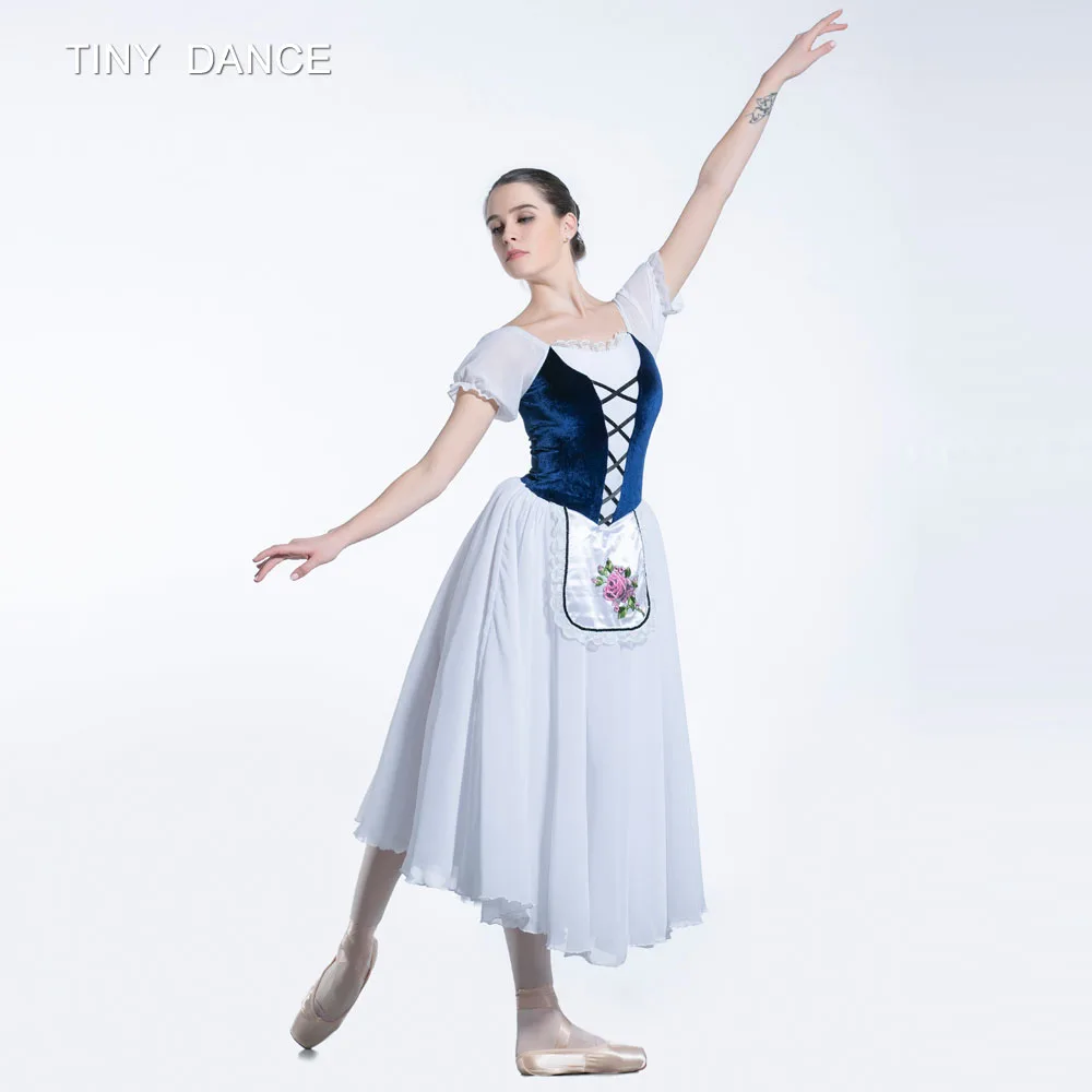 Short Sleeve Dance Costume Navy Blue Bodice and White Chiffon Long Dress for Ballet Dancing Dresses Performance Costumes 19233 |