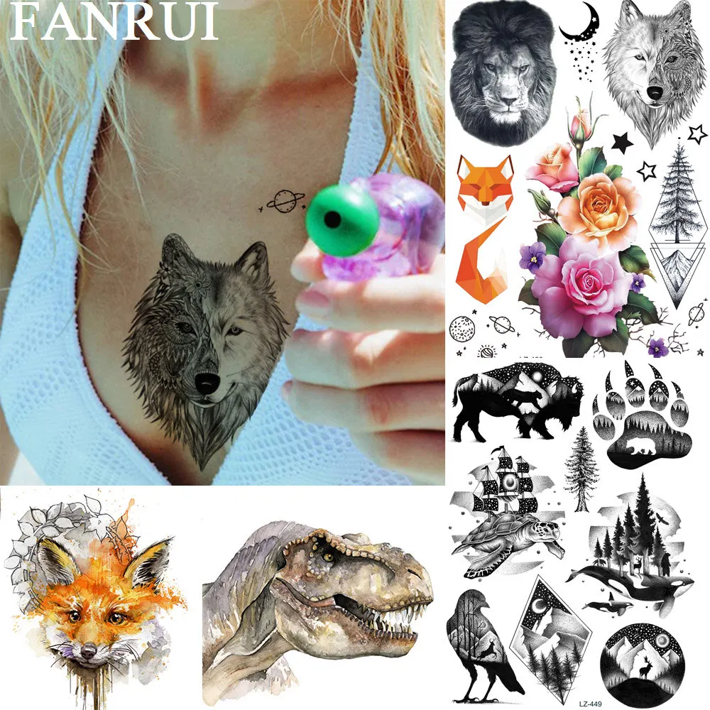FANRUI Wolf Rose Flower Sexy Temporary Tattoos For Women Sticker Geometric Fox Pine Tree Custom Tattoo Fake Tatoos Body Art