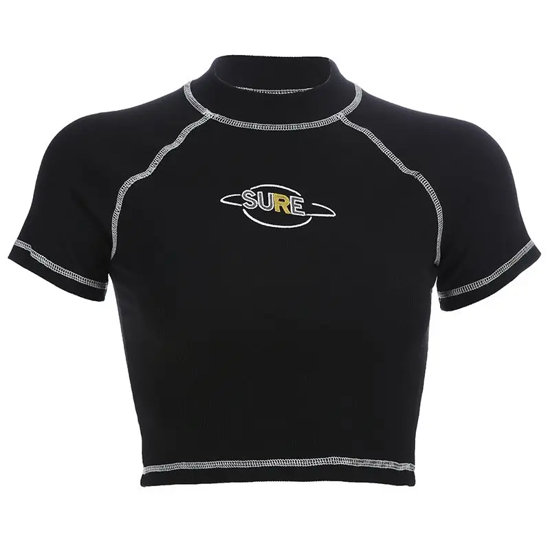 Харадзюку летняя футболка Женщины-хипстеры повседневные топы буквы вышивка