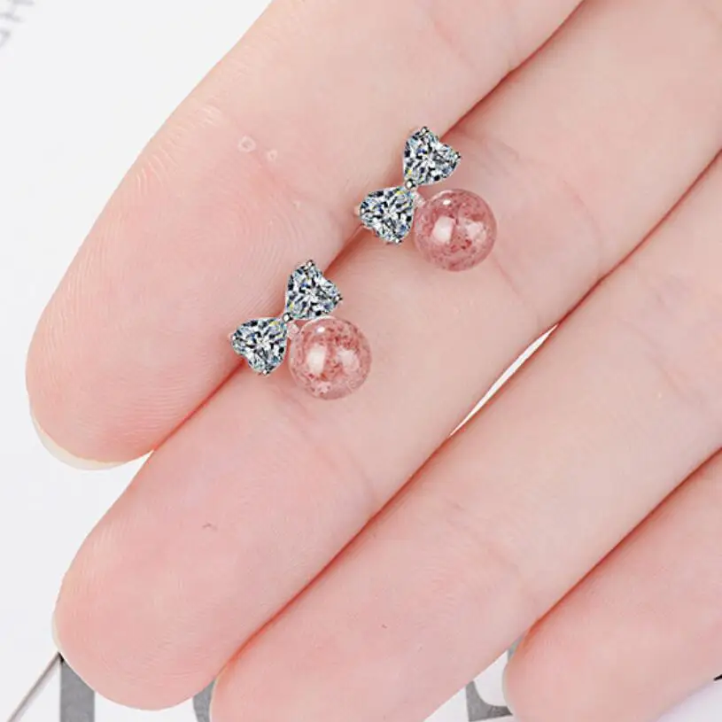 Женские серьги-гвоздики с клубничным кварцем и бантом цирконом ювелирные