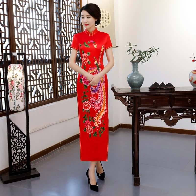 Chinese dress modern cheongsam 2018 catwalk performance wedding red peony flower long clothing type | Тематическая одежда и