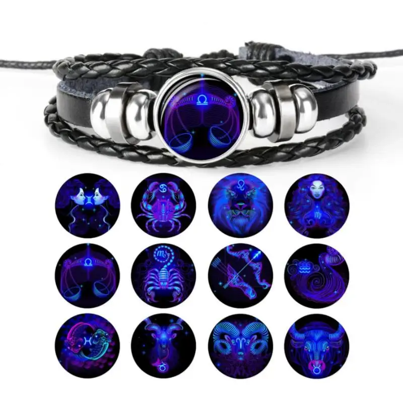 12 созвездий браслет Знак зодиака плетеный кожаный для мужчин и женщин ручная