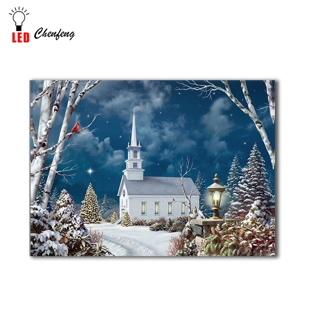 СВЕТОДИОДНЫЙ холст с принтом зимняя церковная сцена Рождественская картина