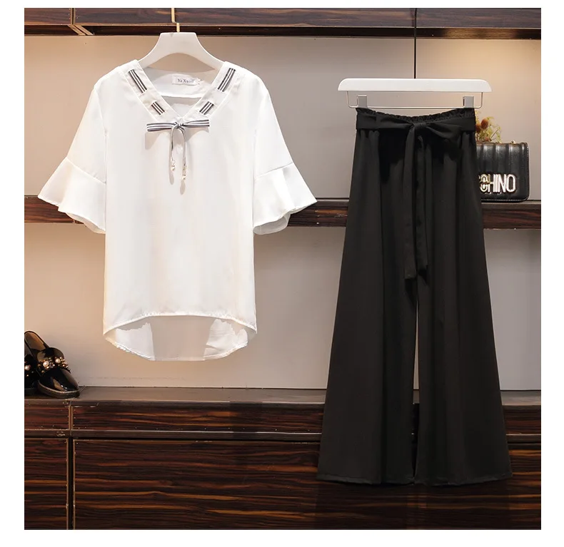 ICHOIX summer pants sets 3xl 4xl 2 piece set women elegant OL wide leg pants Casual bow 2 piece outfits plus size clothing