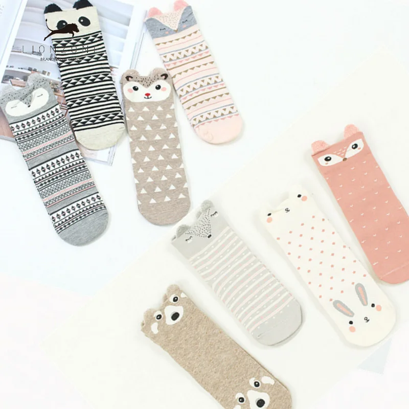 Kawaii/женские носки до лодыжки с объемным животным, милые японские женские хлопковые носки с рисунком панды, медведя, лисы, Ди, жирафа, 4 пар/лот