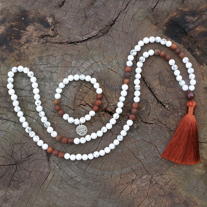8 мм Howlite, античный оникс, JapaMala ожерелье, ювелирные изделия для йоги, чакра камни мала, буддистская мала молитвенная бусина, 108 Мала Бусы