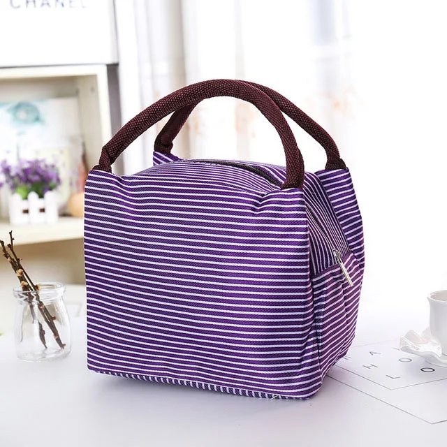 Waterproof Canvas Insulated Lunch Bag Aluminum Foil Stripe Handbags Food Storage Cooler Ice Bag Unisex Portable Lunch Box Tote - Цвет: violet
