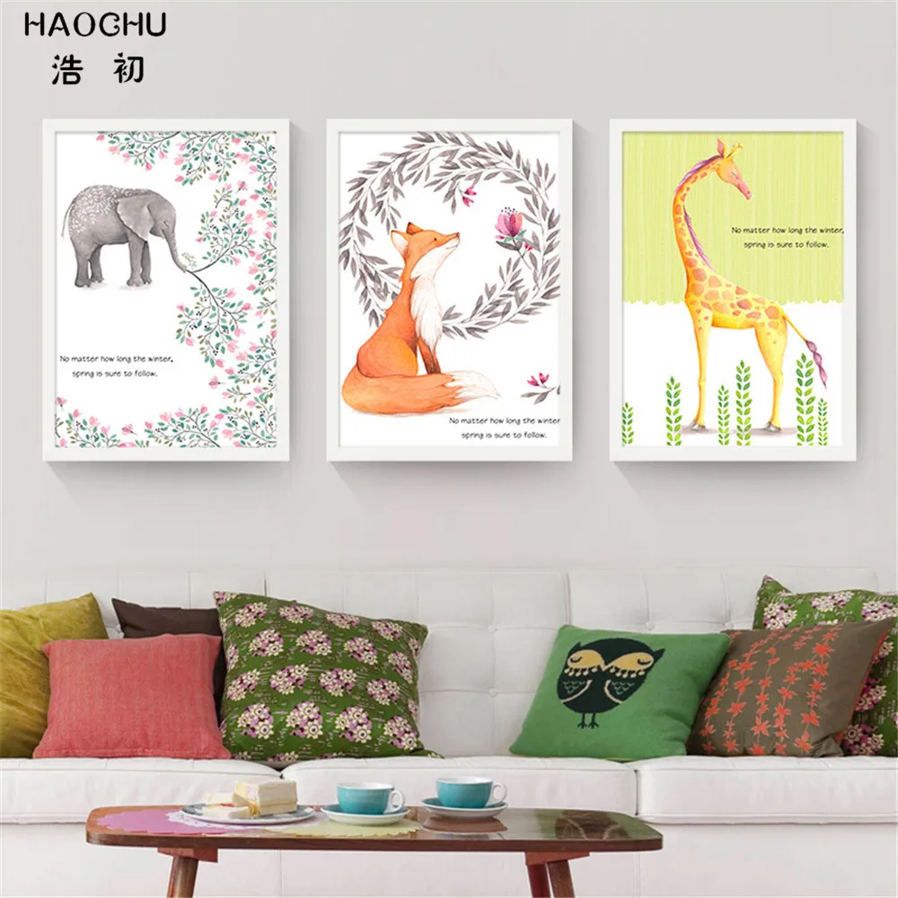 HAOCHU CARTOON ANIMALS squirrel deer elephant Mural WALL PICTURE Canvas Painting Wall poster decorations for home STUDY | Дом и сад